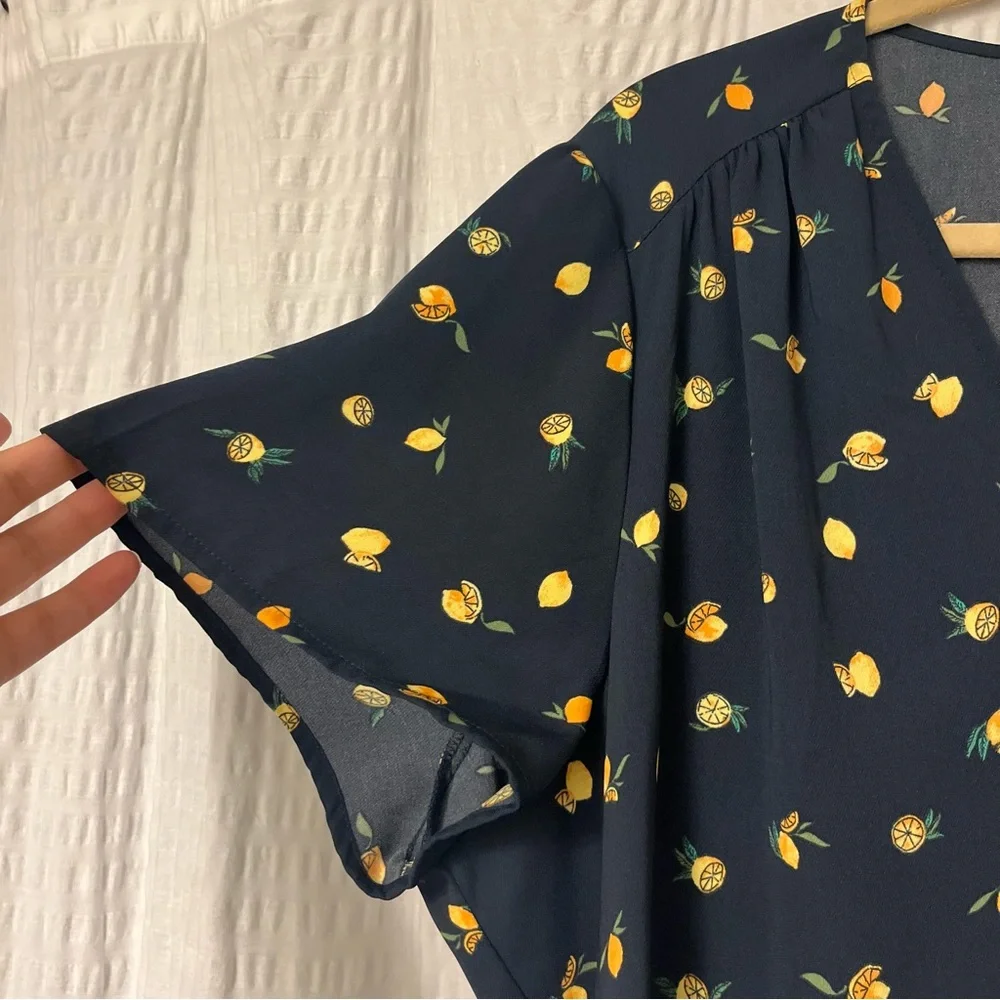 J. Crew Navy Blue Drapey Twill Lemon Print Wrap Dress Women’s Size 20 Plus 2X - Picture 5 of 12